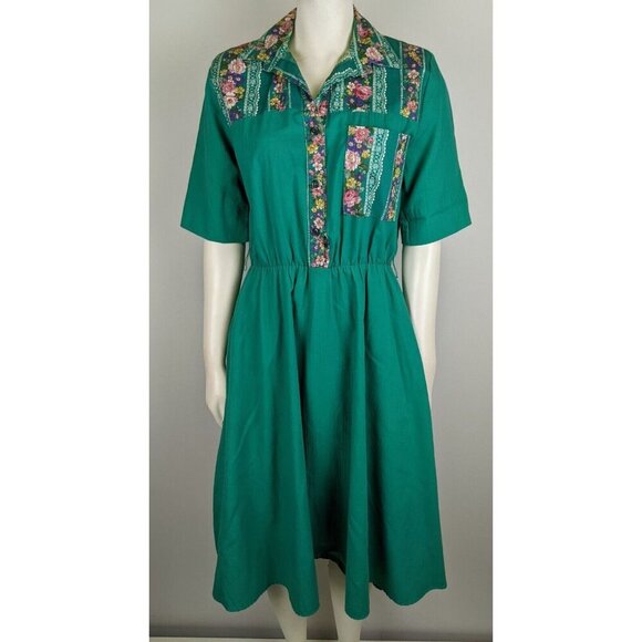 VINTAGE WOMEN'S GREEN FLORAL PRINT SHIRT DRESS - TAP&CO - SIZE 6P - Picture 4 of 14